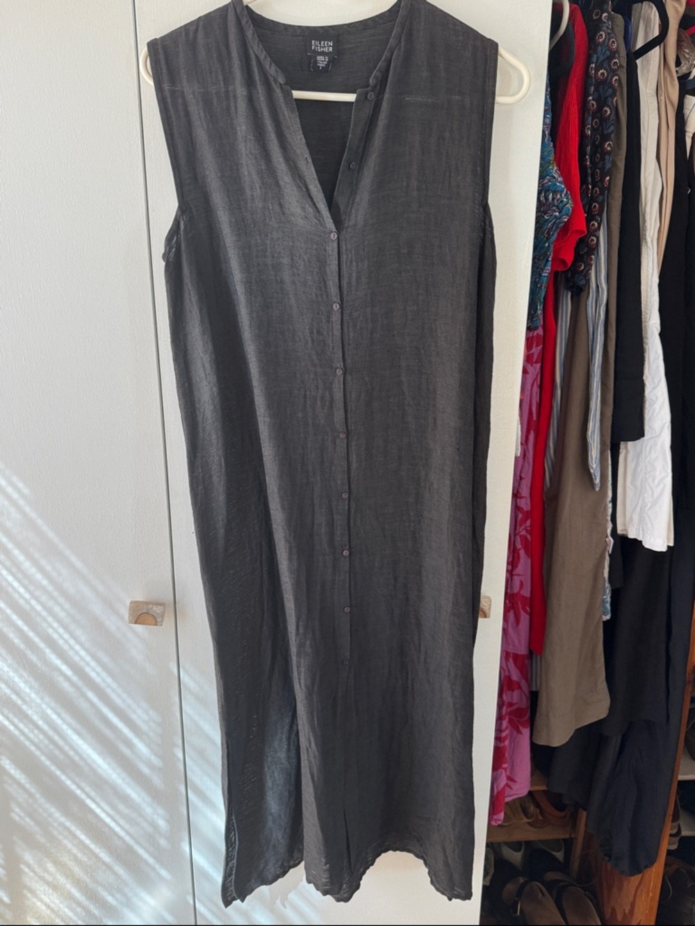Eileen Fisher Sleeveless Linen Button-Front Tunic in Charcoal Gray